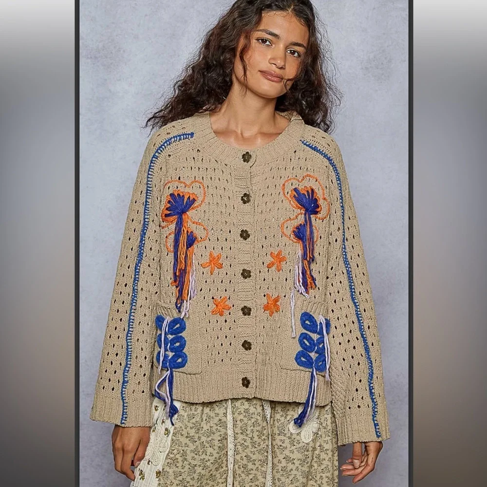 POL. Embroidered Cardigan with Frayed Edges - Picture 2 of 6